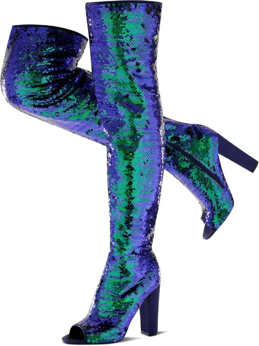 Women's Blue Chunky High Heels Open Toe Sequin Over The Knee Thigh High Boots